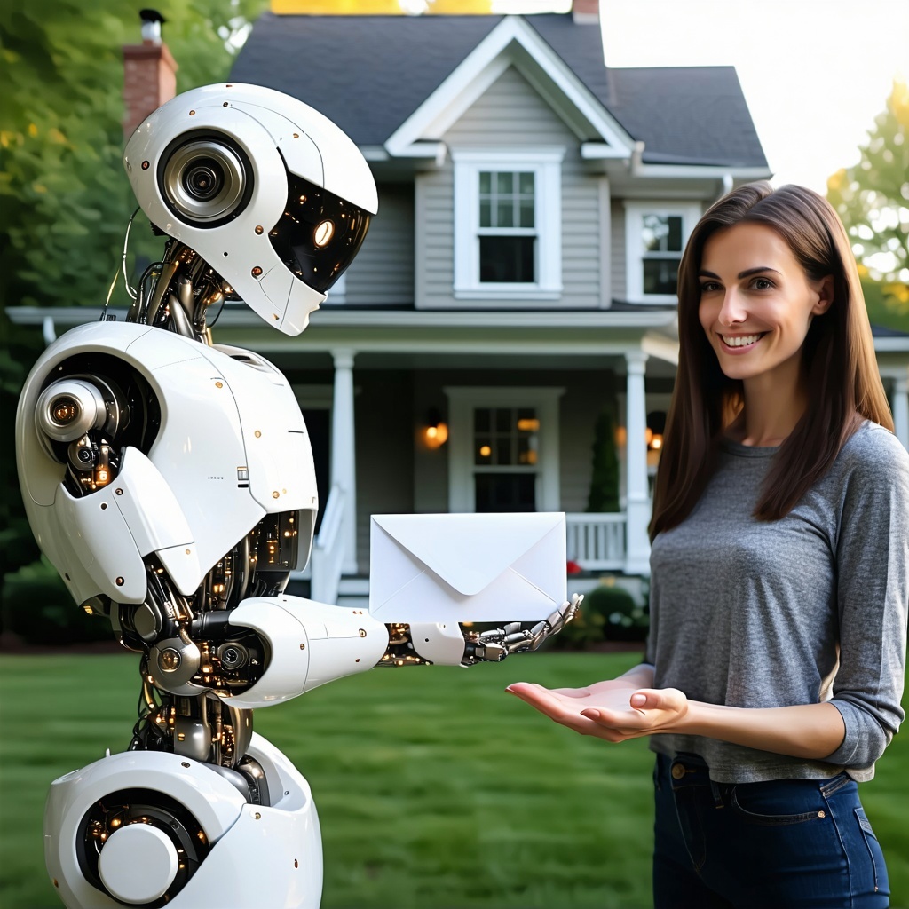 robot handing email to person in front of house-1