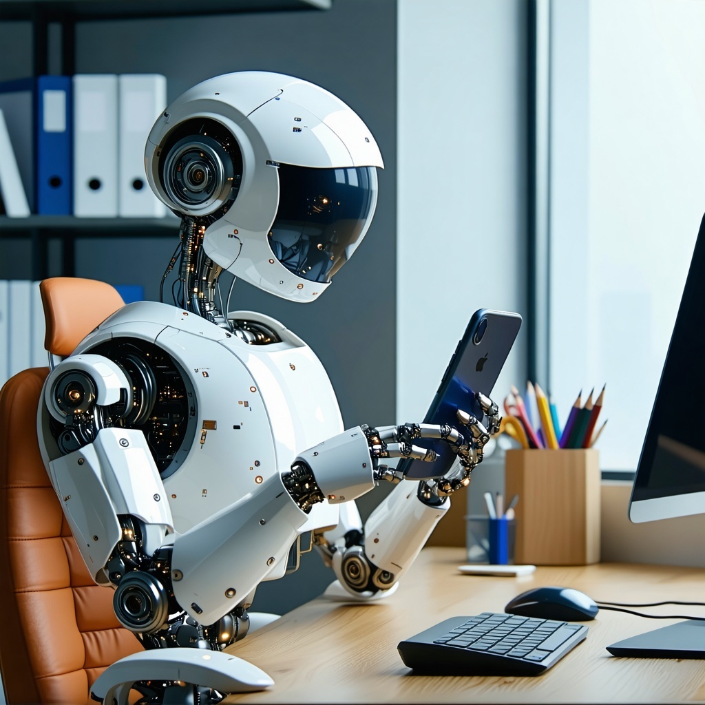 robot sitting at desk holding iPhone up to ear making a phone call to a customer
